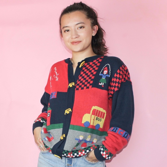 Vintage Sweaters - vtg 90s knitted school bus sweater